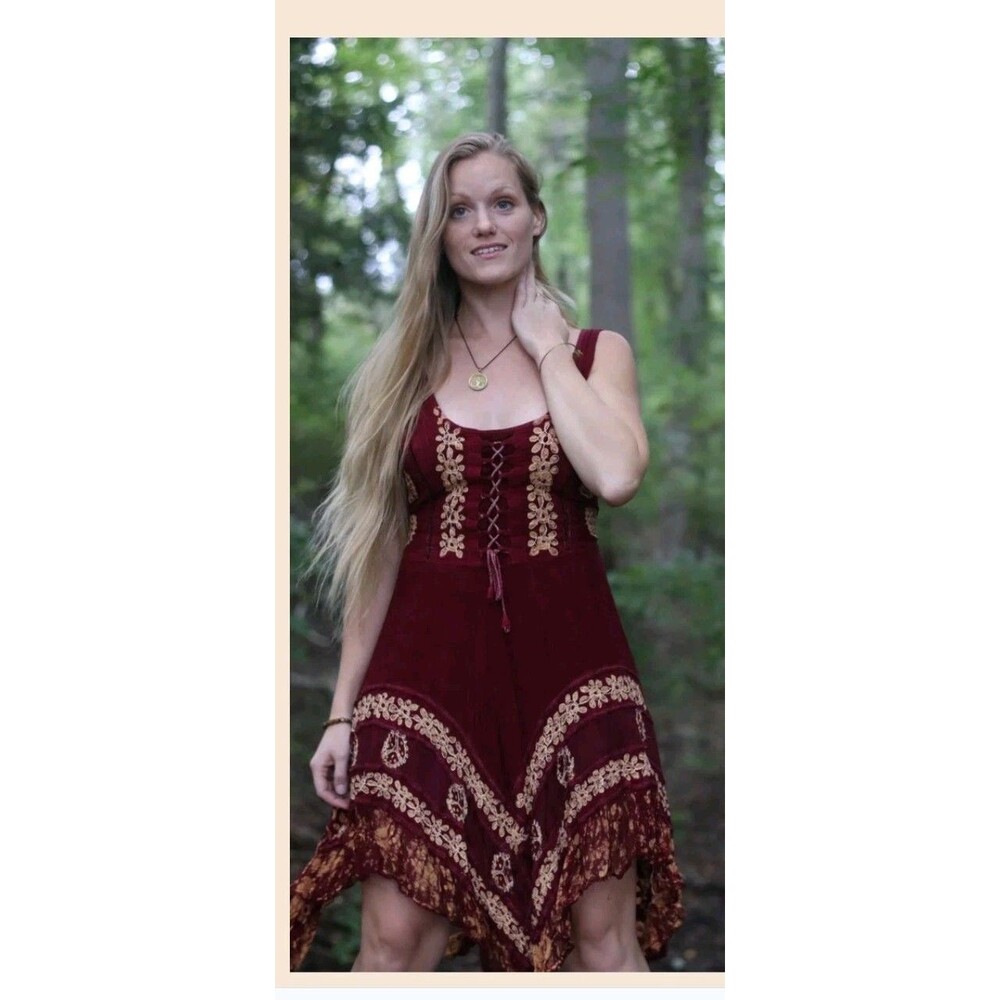 Fashion Terminal Red & Gold Embroidered Corset Lace Up Boho Maxi Dress FreeSize
